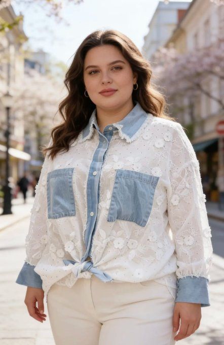 ​Chemise en Dentelle Florale - Détails Denim