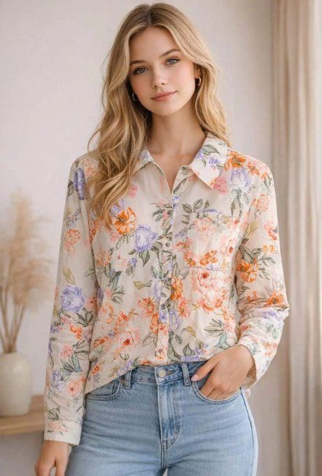 ​Chemise Fluide à Fleurs Pastel et Poche Plaquée