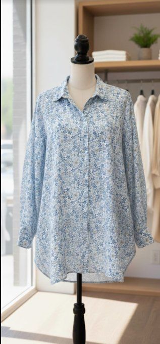 ​Chemise Fluide à Imprimé Fleuri Bleu