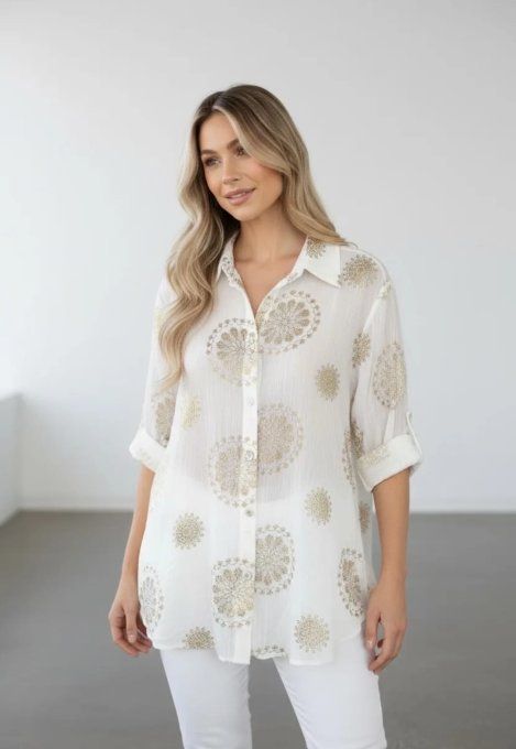 ​Chemise Fluide Blanche aux Mandalas Dorés