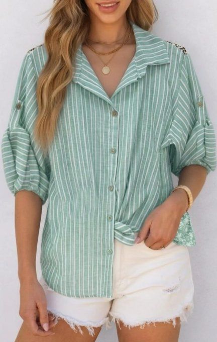 ​Chemisier Rayé Épaule Dentelle & Manches Ajustables