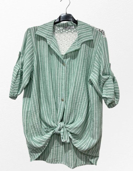 ​Chemisier Rayé Épaule Dentelle & Manches Ajustables