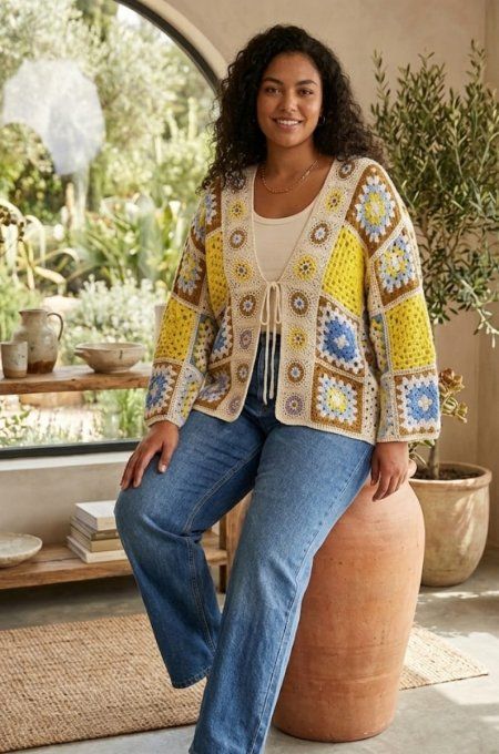 ​Gilet Court Style Crochet Patchwork Bohème