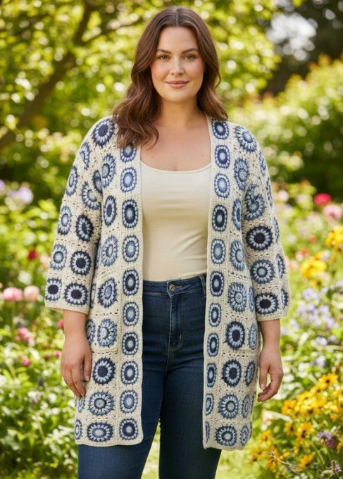 ​Gilet Long en Crochet aux Motifs Rosaces