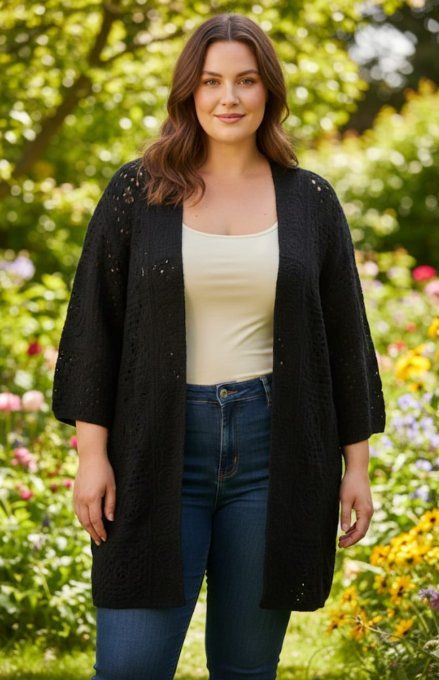 ​Gilet Long Noir en Maille Ajourée