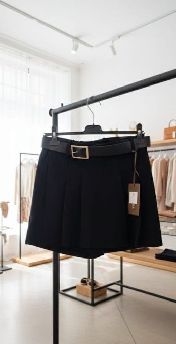 ​Jupe-Short Noire à Plis Plats et Ceinture Assortie