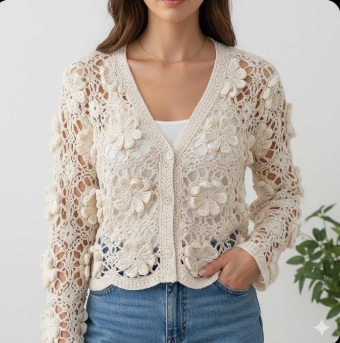 ​Le Gilet Cardigan en Crochet Fleurs Relief