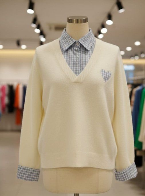 ​Pull 2-en-1 Blanc Cassé avec Col et Poignets Vichy