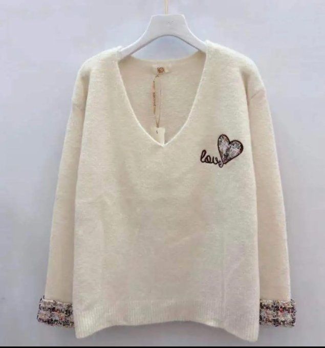 ​Pull Crème "Love" aux Détails Tweed