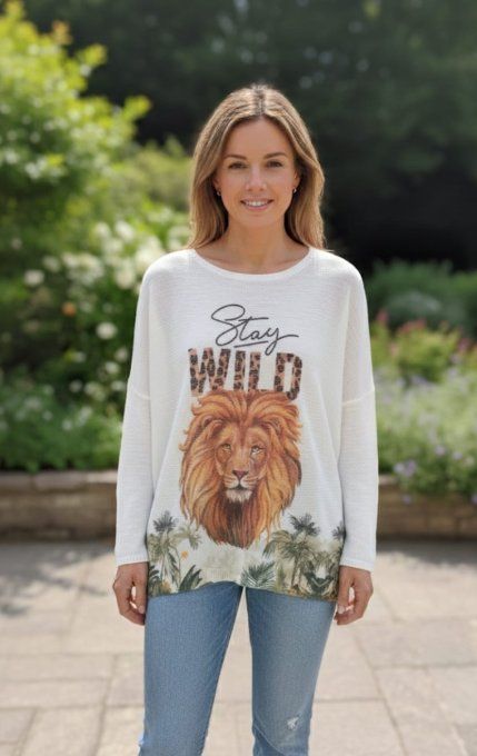 ​Pull Oversize Blanc "Stay Wild" à Imprimé Lion