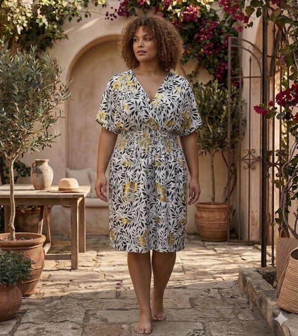​Robe Courte Fluide à Imprimé Feuillage & Fleurs Dorées