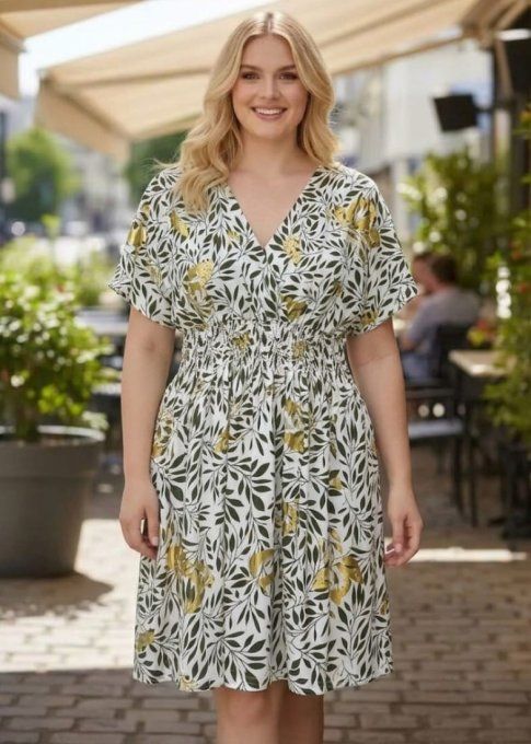 ​Robe Fluide à Imprimé Feuillage et Fleurs Dorées