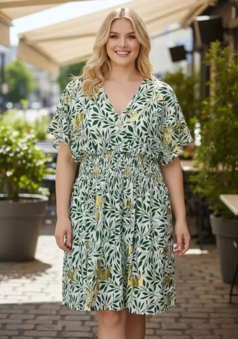 ​Robe Fluide à Imprimé Feuillage & Fleurs Dorées