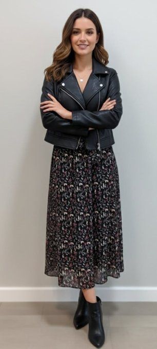 ​Robe Longue Fluide Noire à Motifs Feuillage