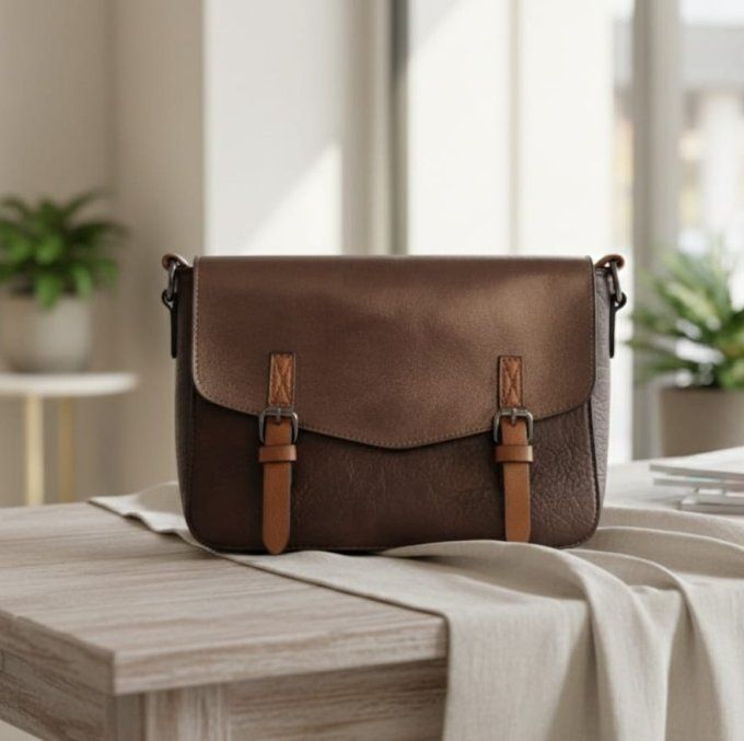 ​Sac Bandoulière Besace Chocolat et Rabat Métallisé