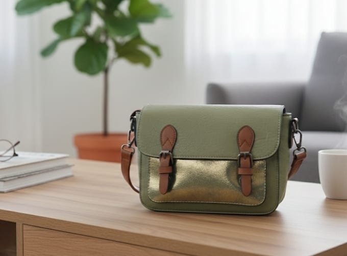 ​Sac Besace "Vert Amande" & Or Givré