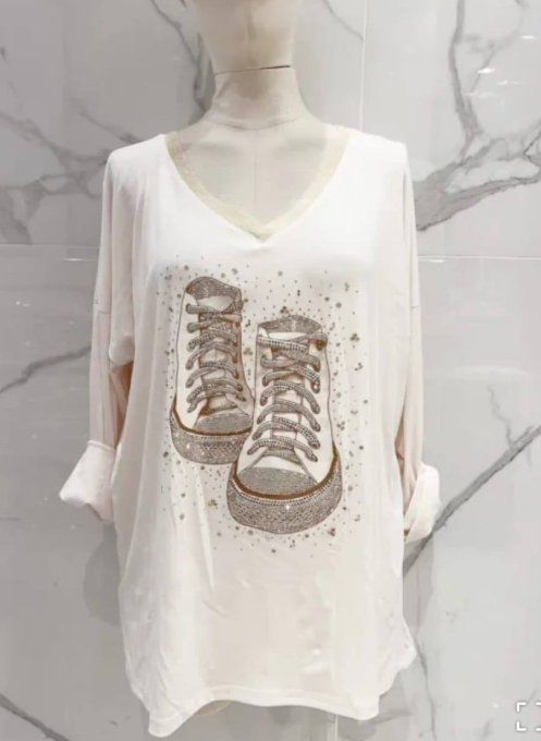 ​T-shirt Fluide Blanc - Motif Baskets en Strass