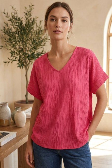 ​Top Fluide Gaufré Rose Fuchsia