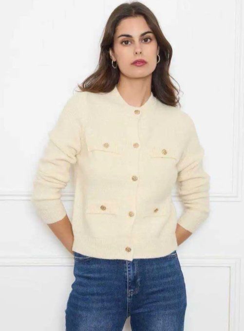 ​Veste en Maille Texturée et Boutons Dorés