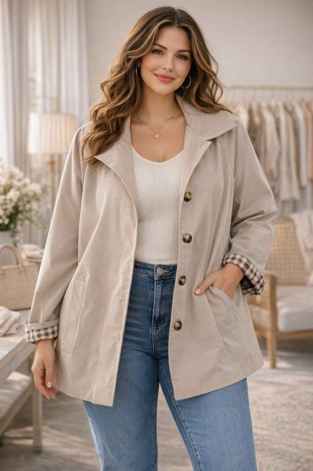 ​Veste Mi-Saison Beige "Élégance Vichy"