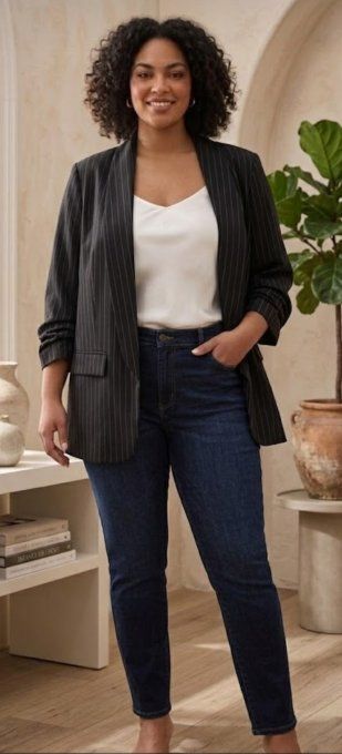 Blazer Noir à Fines Rayures & Manches Froncées