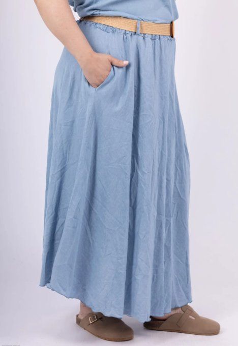 Jupe Longue Fluide en Tencel Effet Jean - Ceinture Tressée Incluse 
