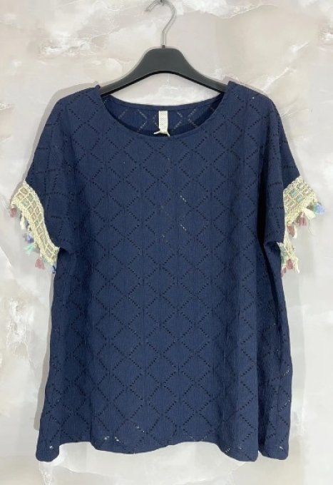 ​T-shirt ajouré à manches franges bohèmes