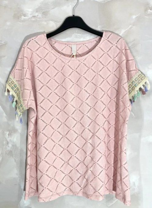 ​T-shirt ajouré à manches franges bohèmes