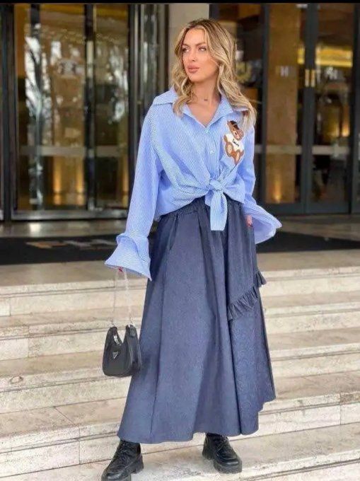 Jupe longue "Charme Denim" Bleu avec Volant Asymétrique ✨