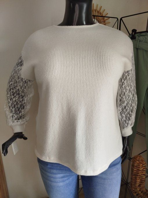 Pull blanc manches en dentelle