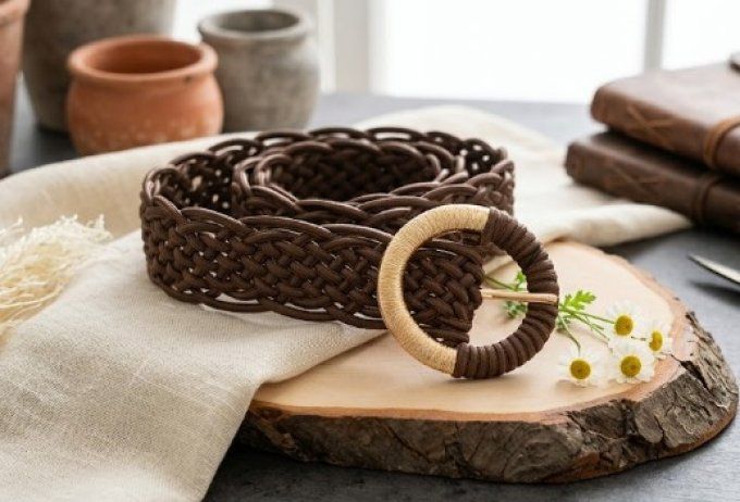 Ceinture tressée & boucle ronde dorée