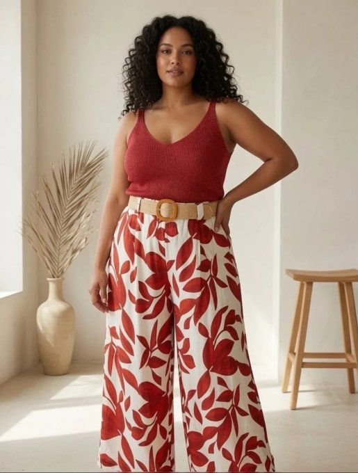 Pantalon Large Fluide à Imprimé Feuillage