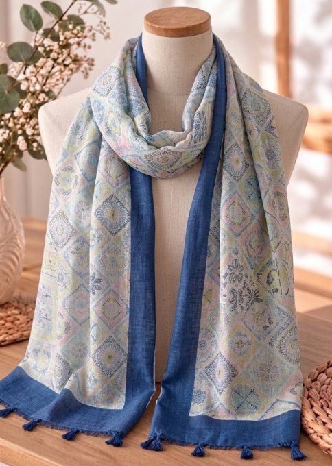 Écharpe à Imprimé Géométrique & Bordures Bleues