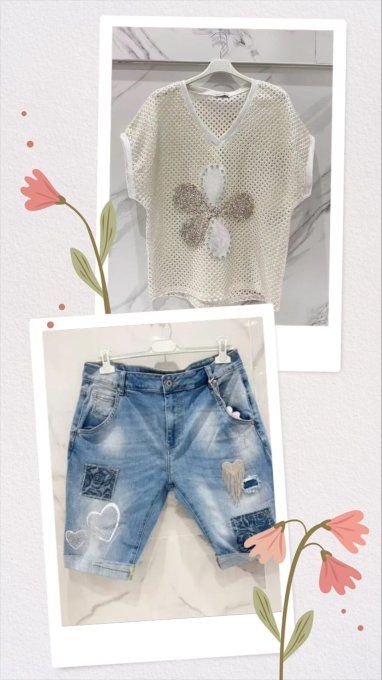Short en Jean Bermuda "Patchwork Cœurs" Délavé ✨