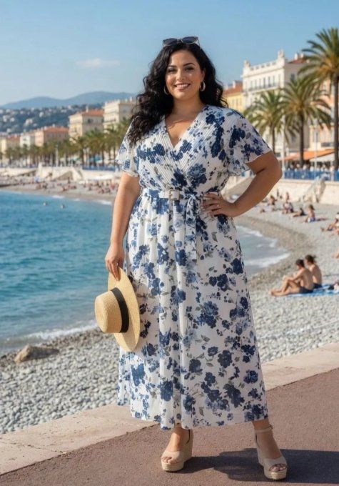 Robe Longue Plissée Bleu & Blanc