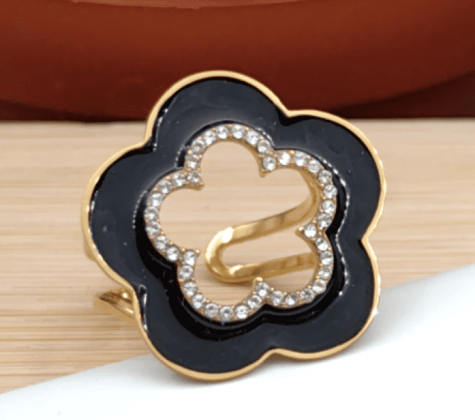 Bague réglable Fleur Noire et Or – Acier Inoxydable