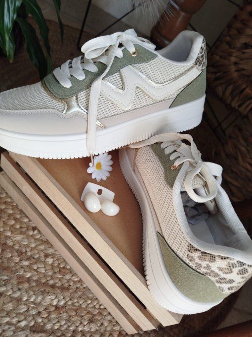 Baskets Sportives & Tendances - Beige, Vert Kaki & Léopard