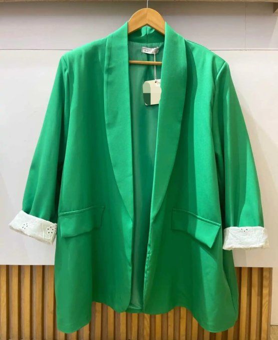 Blazer Fluide Vert Émeraude Revers Dentelle