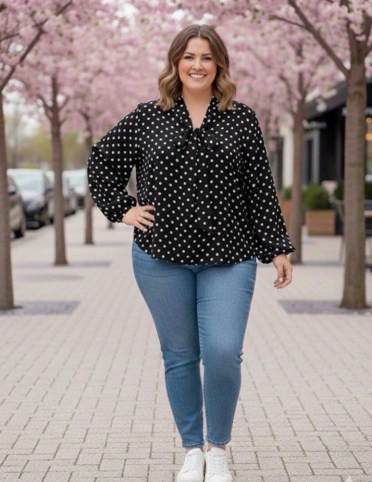 ​Blouse Romantique à Pois et Col Noué