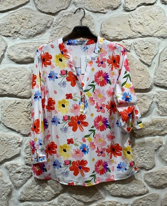 Blouse Fleurie Multicolore à Col Tunisien