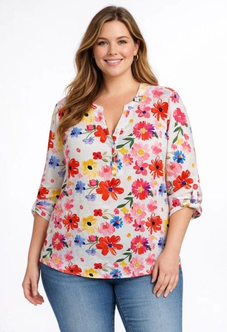 Blouse Fleurie Multicolore à Col Tunisien
