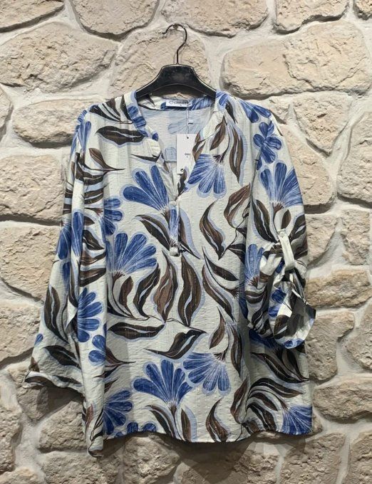 Blouse à Motifs Floraux Bleus et Rayures Irisées