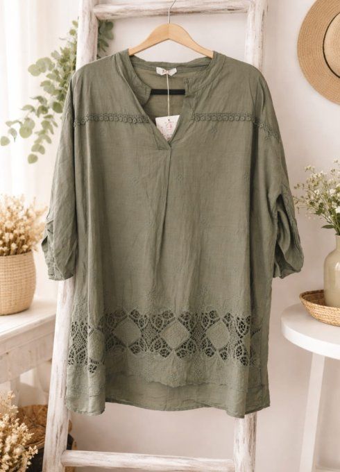 Blouse Fluide Kaki & Détails de Dentelle