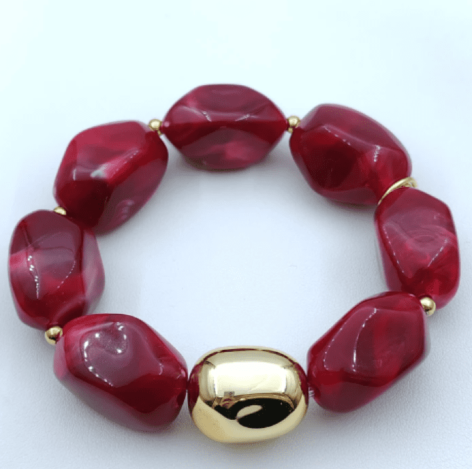 bracelet grosses perles, bijou rouge et or, bracelet chunky, fantaisie grande taille, accessoire fem