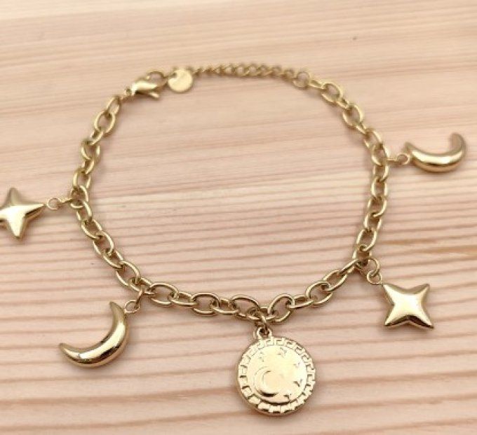 Bracelet Étoiles et Lune en Acier Inoxydable Doré