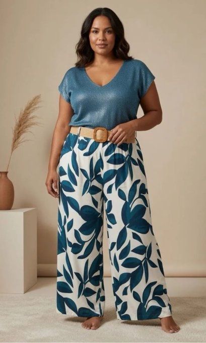 Pantalon Large Fluide à Imprimé Feuillage