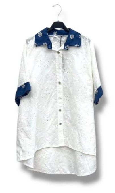 Chemise Blanche Broderie Anglaise & Détails Marine 