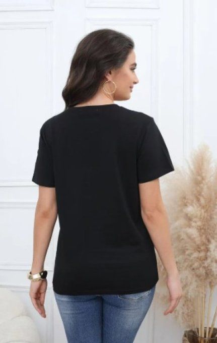 T-shirt Noir Broderies Blanches Fleuries 