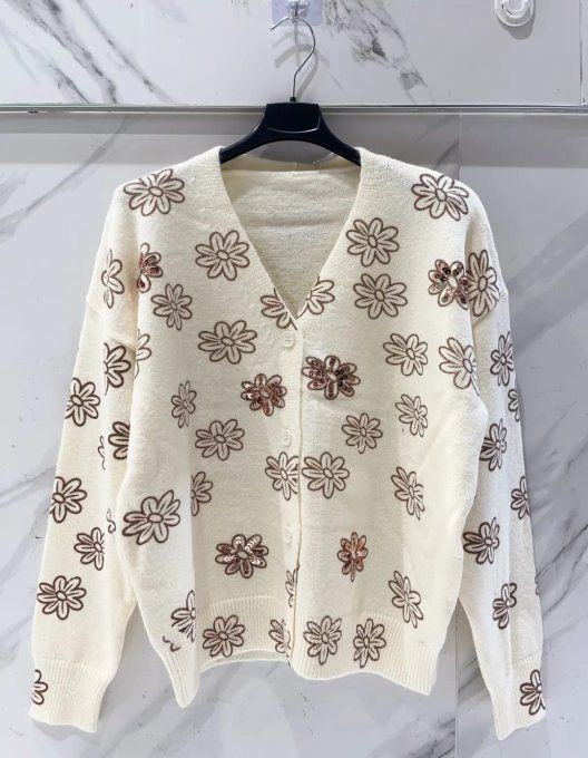 Cardigan Doux à Motif Floral et Sequins