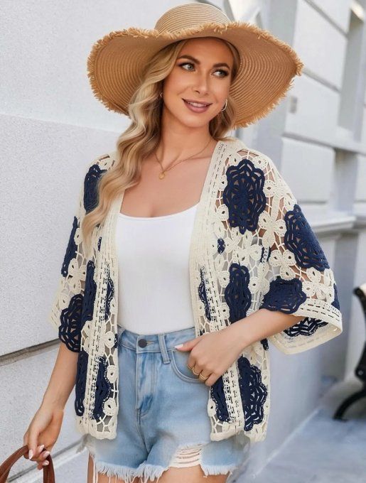 Cardigan en Crochet à Motifs Floraux Ajourés